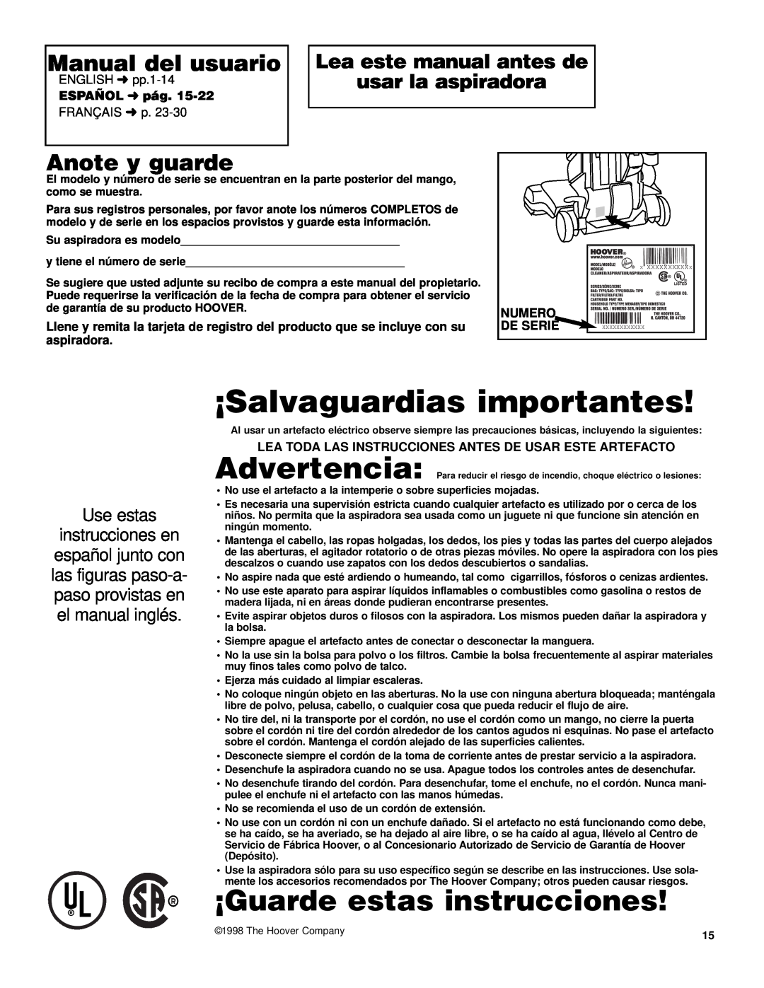Hoover UH70600 ¡Salvaguardias importantes, ¡Guarde estas instrucciones, Manual del usuario, Anote y guarde, ESPAÑOL pág 