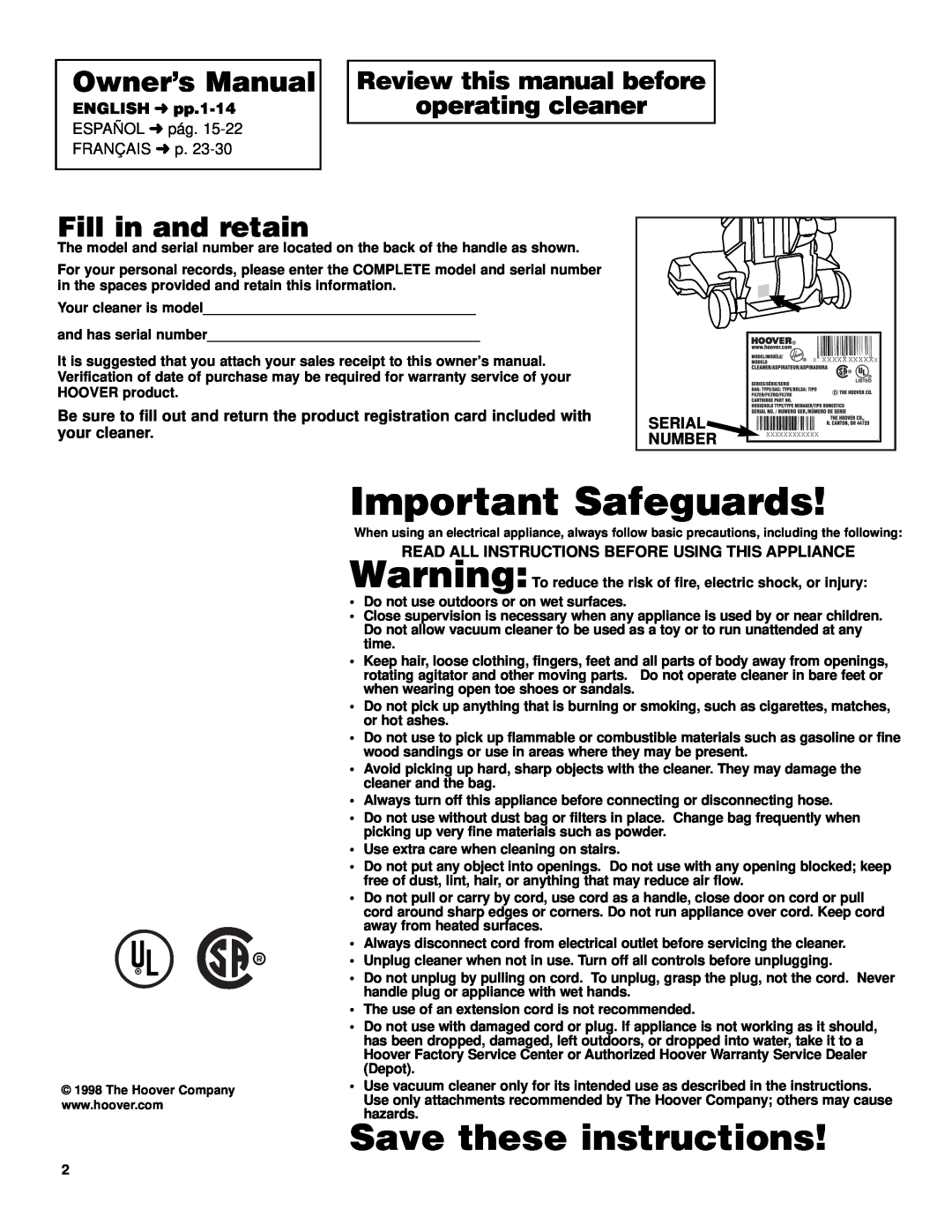 Hoover UH70600 manual Important Safeguards, Save these instructions, Owner’s Manual, Fill in and retain, ENGLISH pp.1-14 