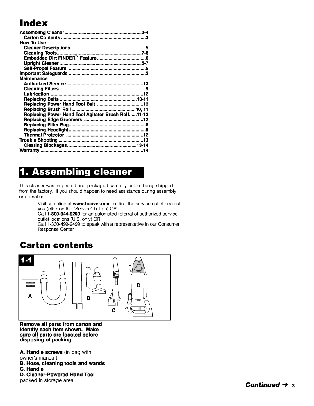 Hoover UH70600 manual Index, Carton contents, Continued, A. Handle screws in bag with, D. Cleaner-Powered Hand Tool 