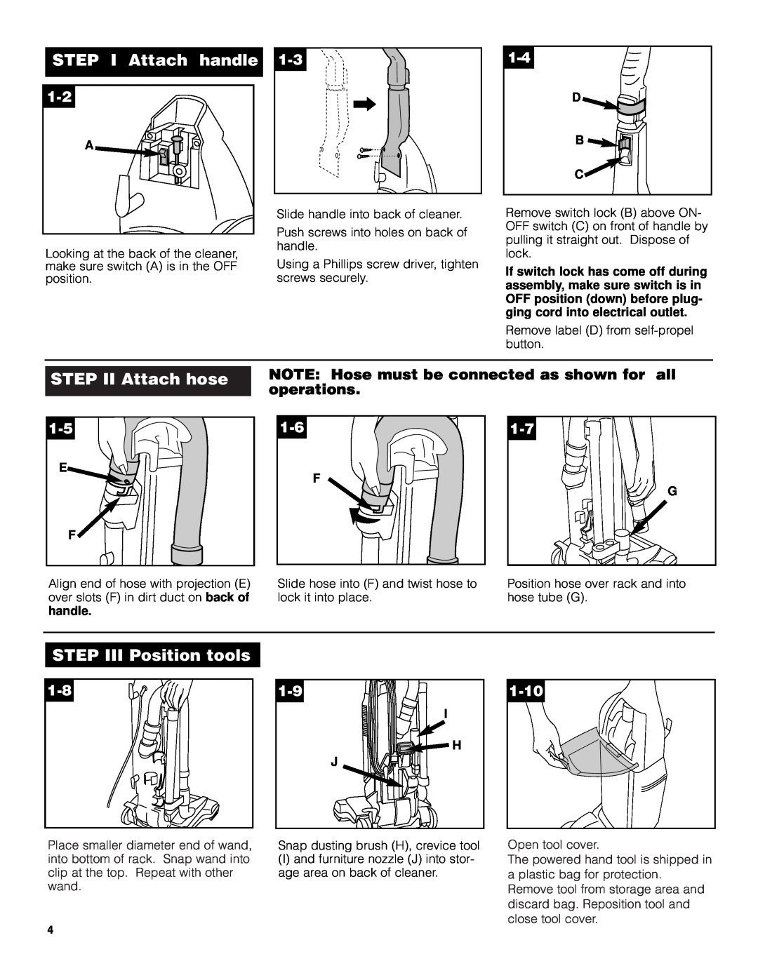 Hoover UH70600 NOTE Hose must be connected as shown for all, operations, 1-10, STEP I Attach handle, STEP II Attach hose 