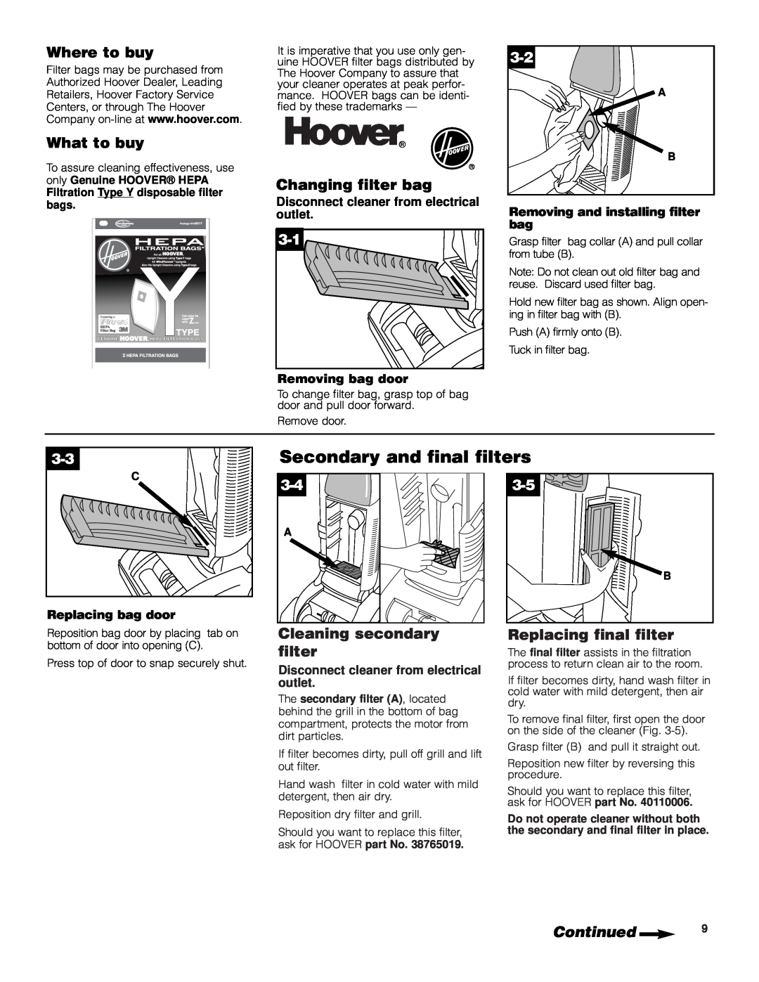 Hoover UH70600 Secondary and final filters, Where to buy, What to buy, Changing filter bag, Cleaning secondary filter 