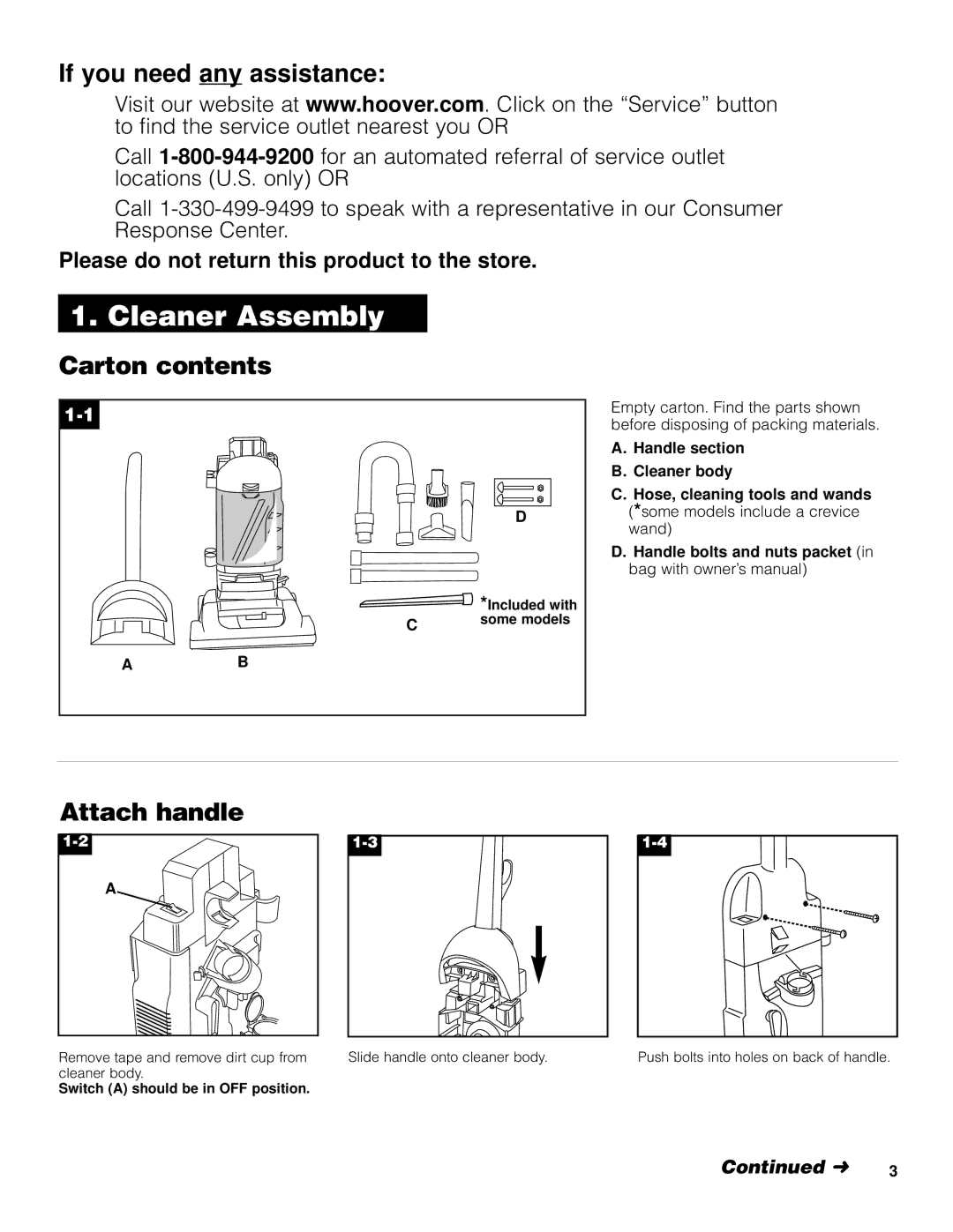 Hoover Upright Bagless Vacuum Cleane Cleaner Assembly, If you need any assistance, Carton contents, Attach handle 