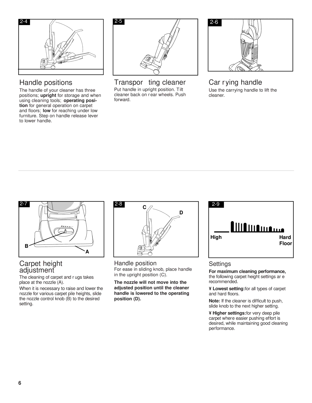 Hoover Upright Bagless Vacuum Cleane Handle positions, Transporting cleaner, Carrying handle, Carpet height adjustment 