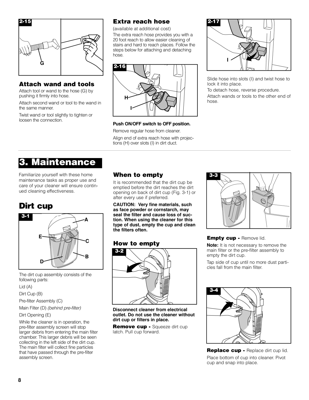 Hoover Upright Bagless Vacuum Cleane owner manual Maintenance, Dirt cup 