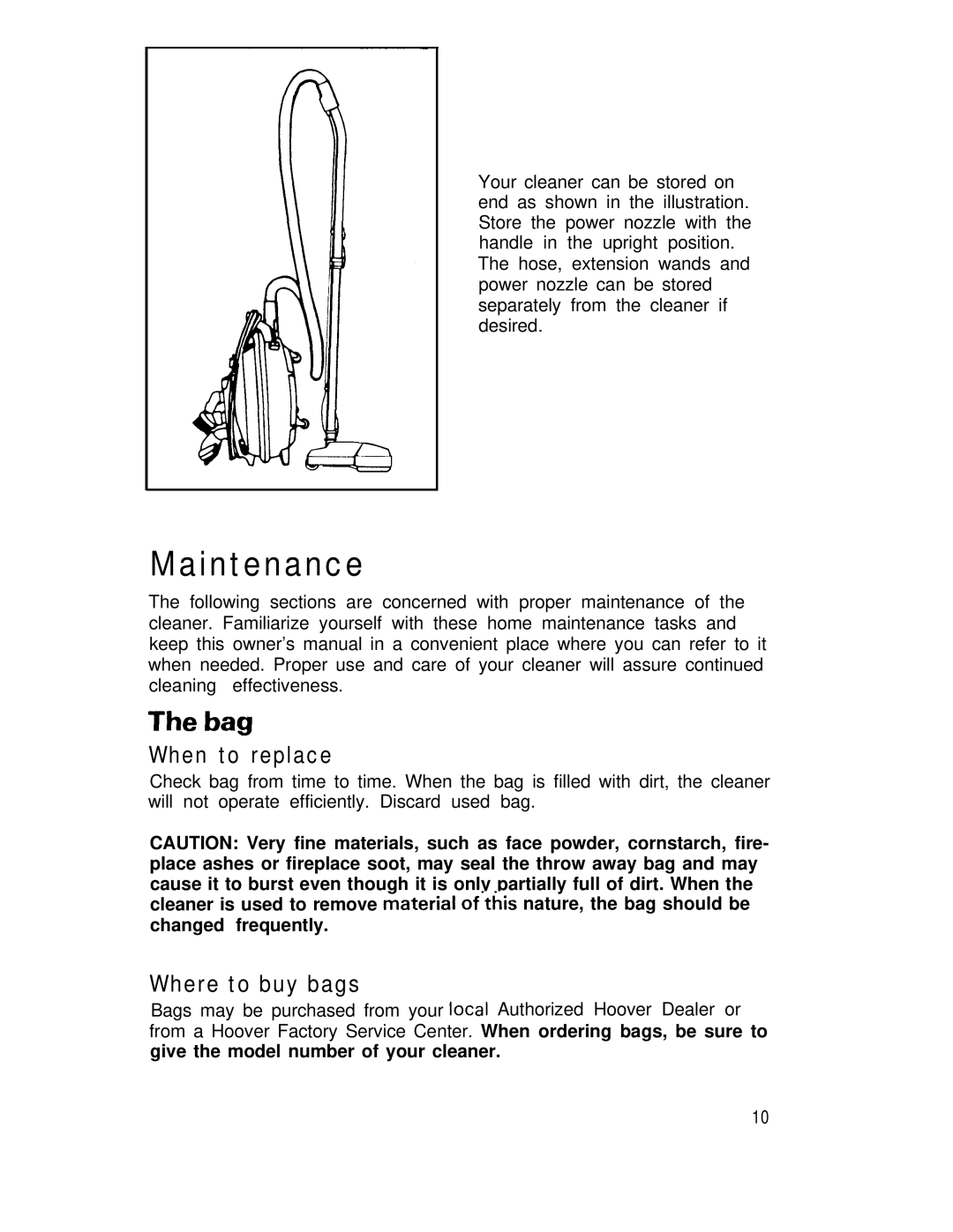 Hoover Vacuum Cleaners manual Maintenance, Bag, When to replace, Where to buy bags 