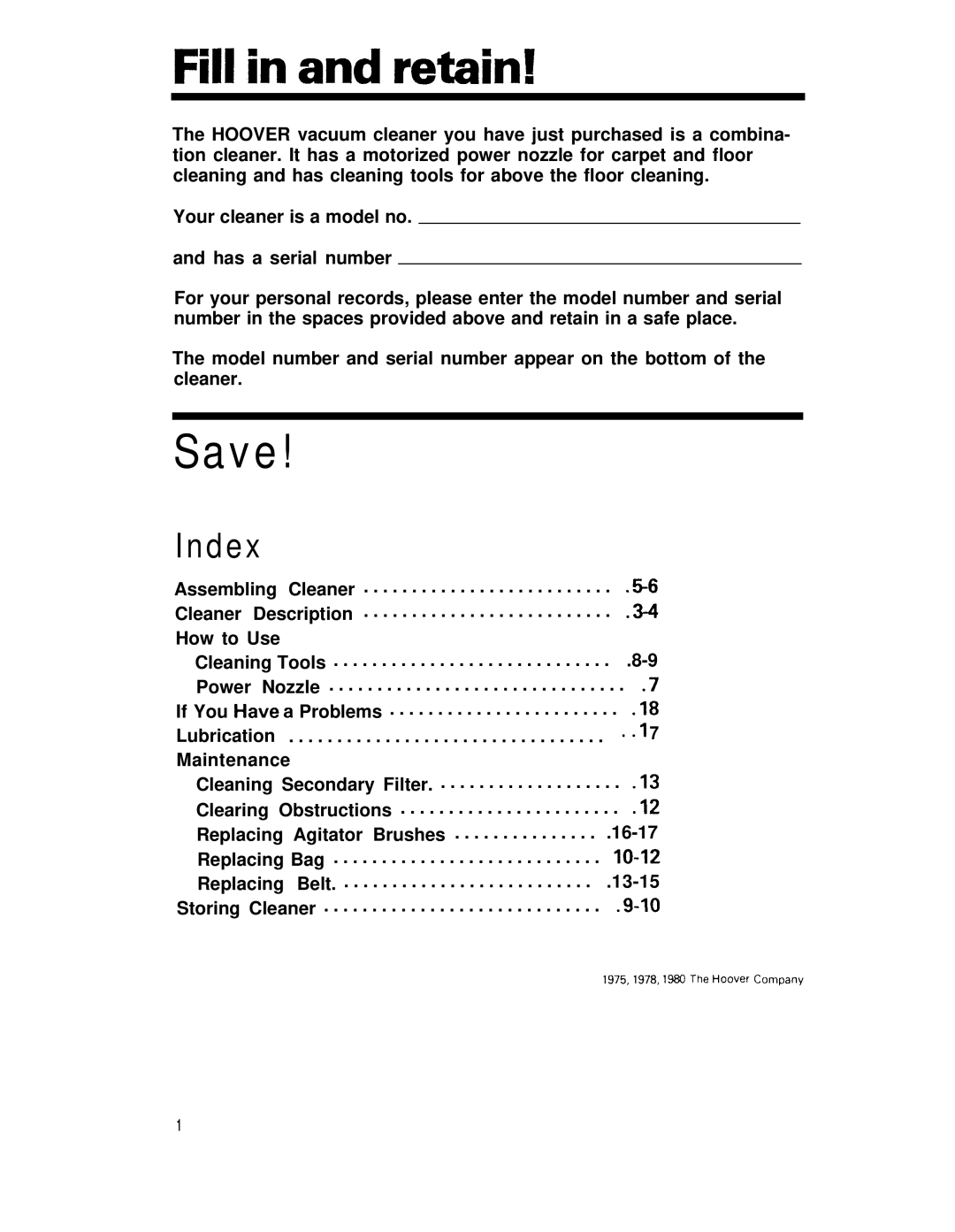 Hoover Vacuum Cleaners manual Save, Index 