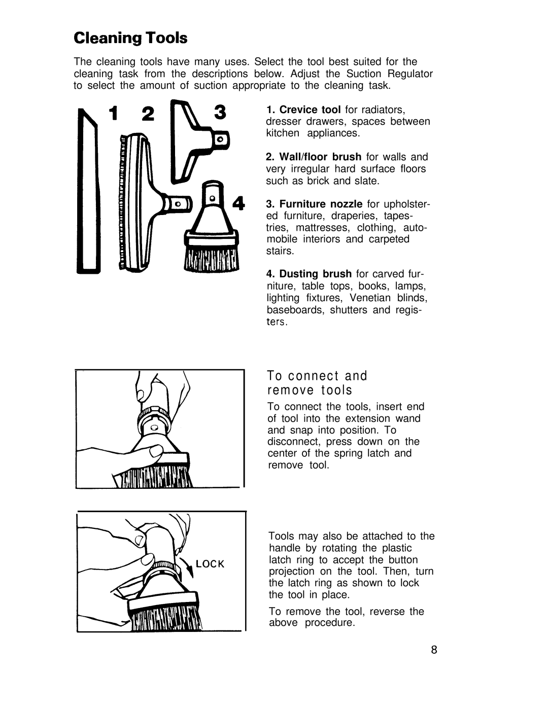 Hoover Vacuum Cleaners manual Cleaning Tools, To connect and remove tools 