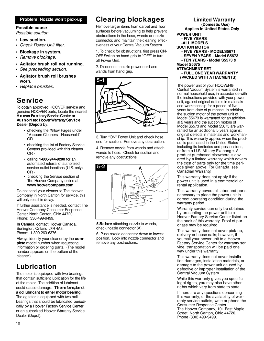 Hoover Vacuum Systems owner manual Limited Warranty, Low suction, Blockage in system, Agitator brush roll not running 