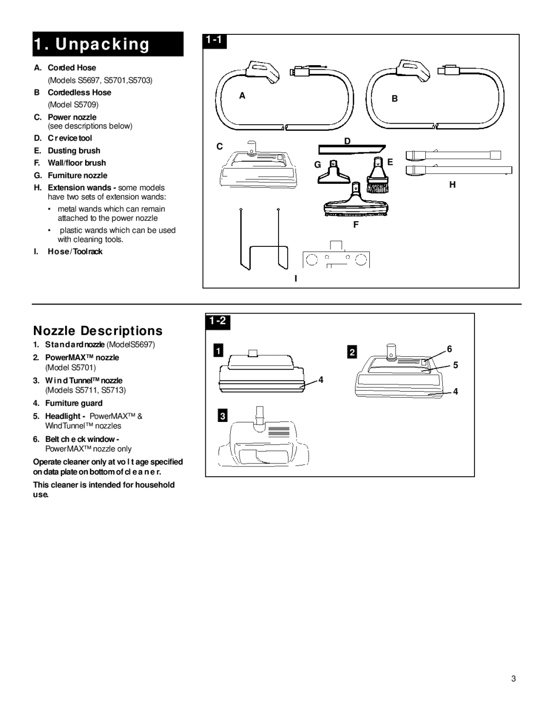 Hoover Vacuum Systems owner manual Unpackingr, Nozzle Descriptions 