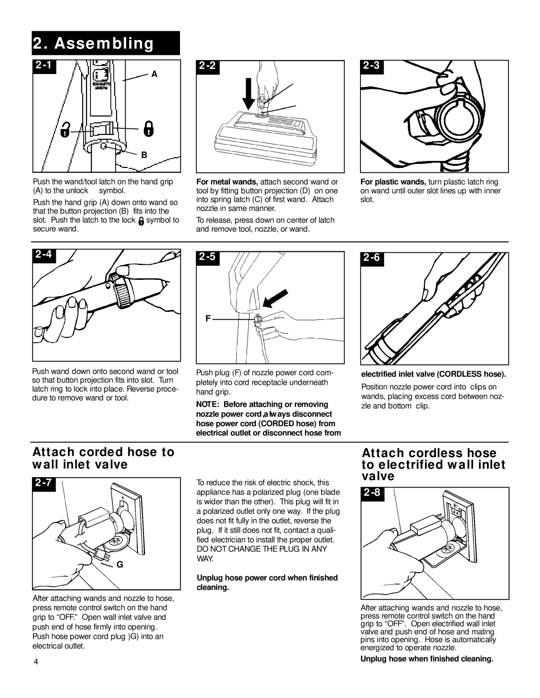 Hoover Vacuum Systems owner manual Assemblingr, Attach corded hose to Wall inlet valve 