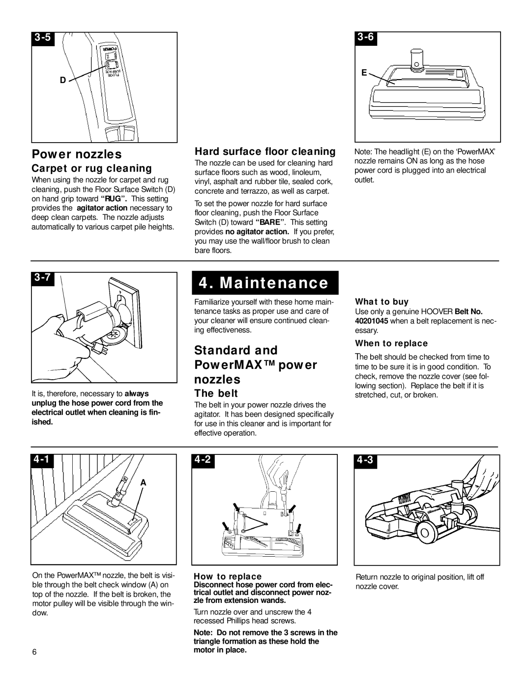 Hoover Vacuum Systems owner manual Maintenance, Power nozzles, A n d a rd PowerMAX power Z z l e s 