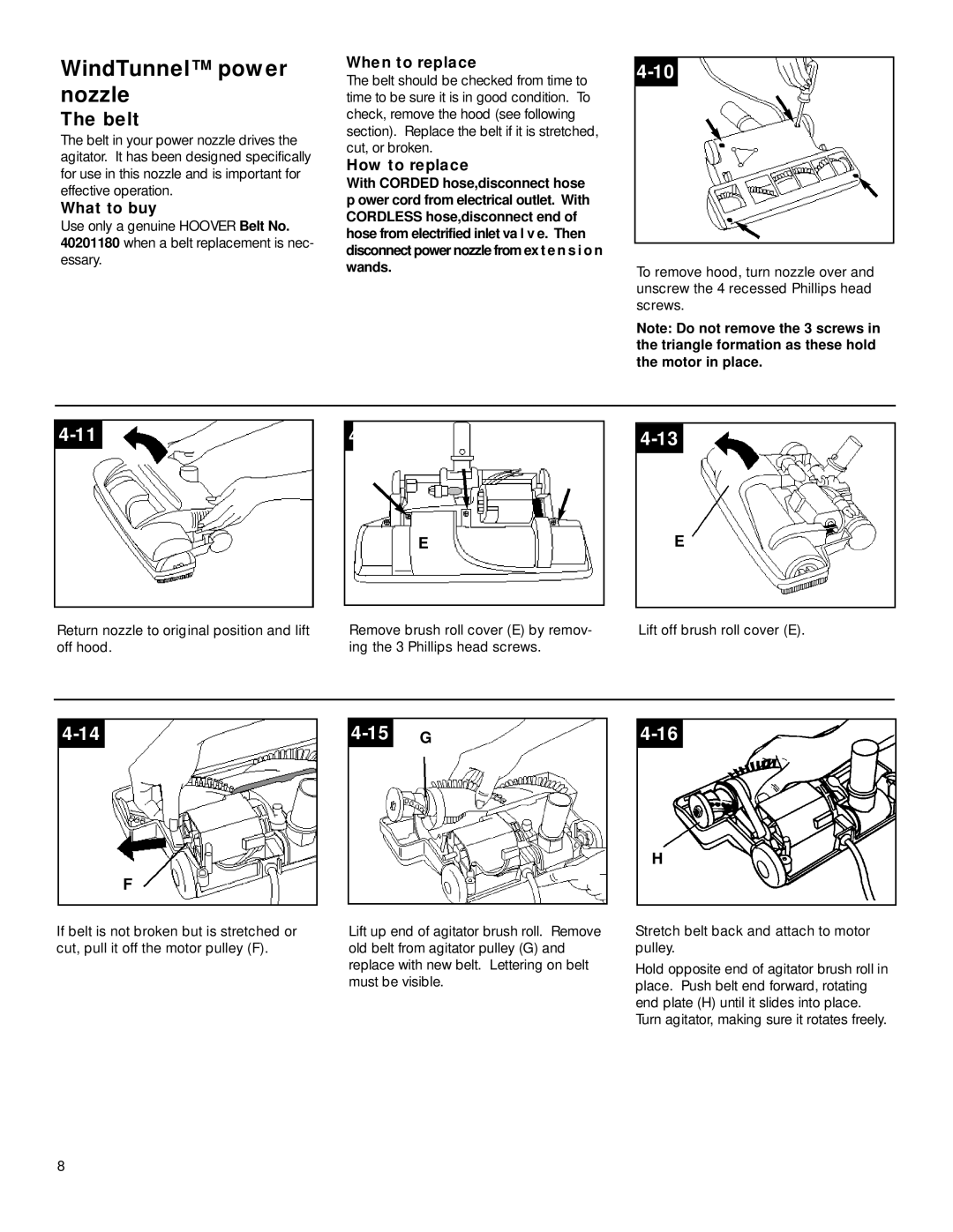 Hoover Vacuum Systems N d Tunnel power Z z l e, When to replace, Must be visible, End plate H until it slides into place 