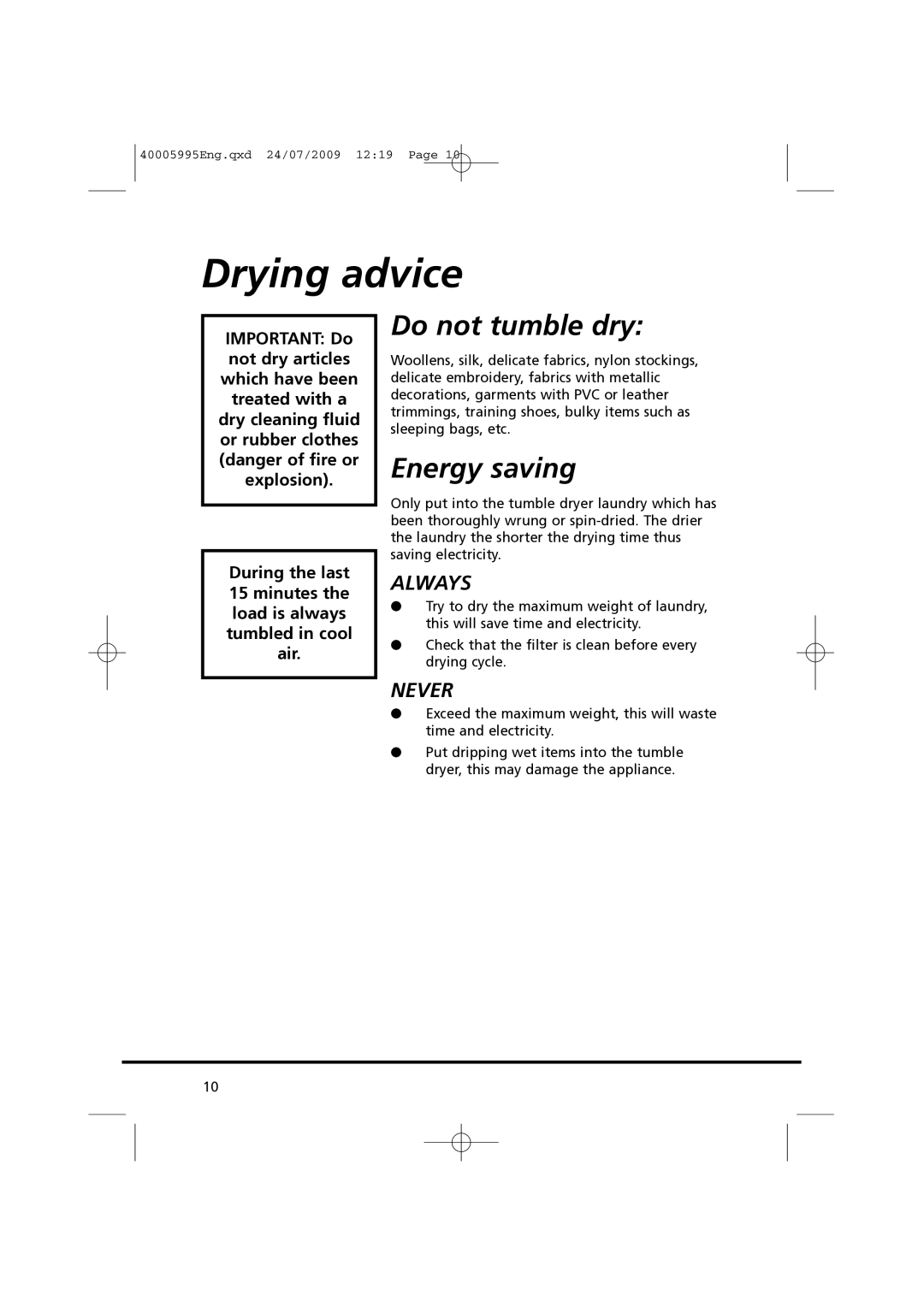 Hoover VHC 680F manual Drying advice, Do not tumble dry, Energy saving 