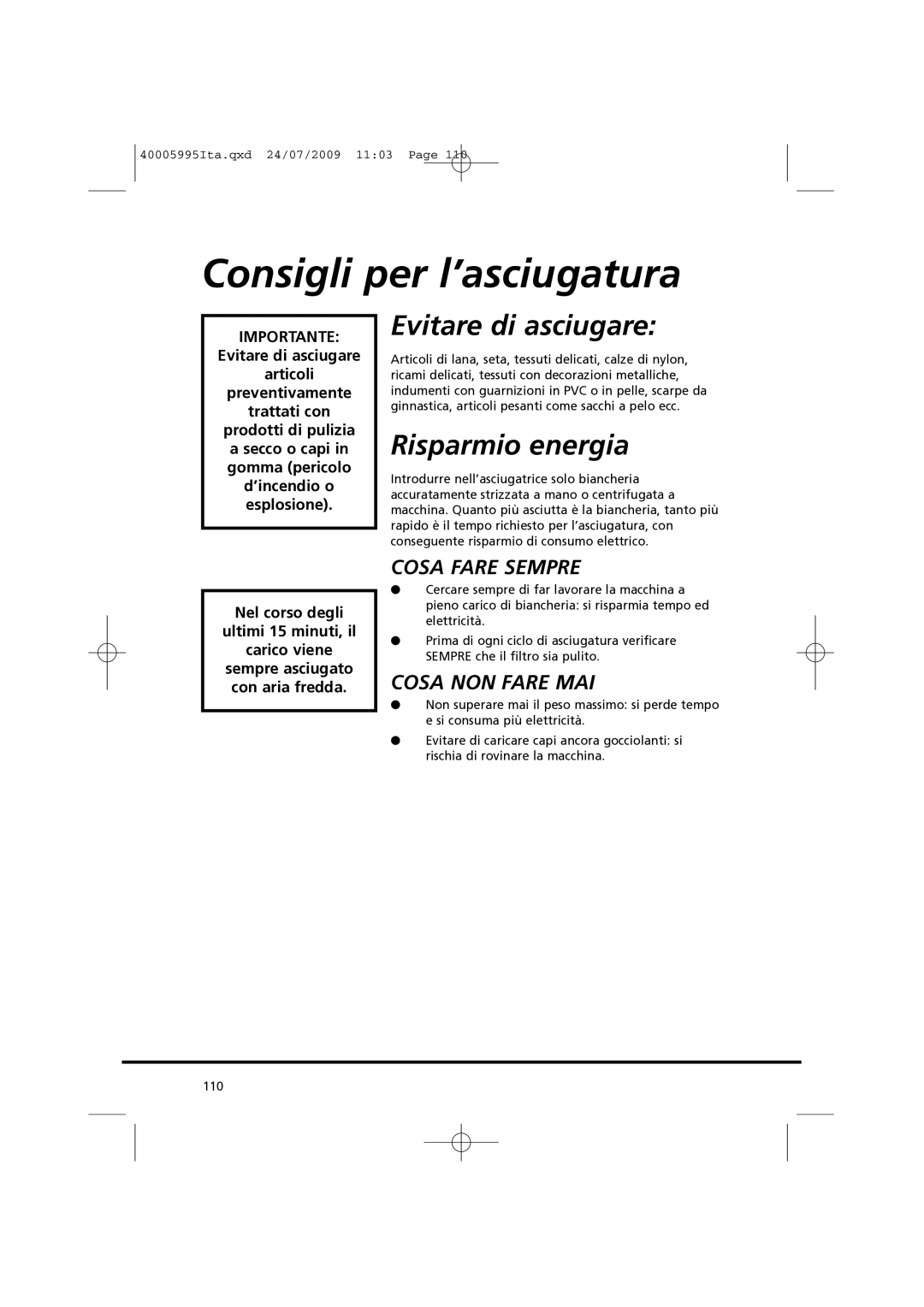 Hoover VHC 680F Consigli per l’asciugatura, Evitare di asciugare, Risparmio energia, Sempre asciugato con aria fredda 