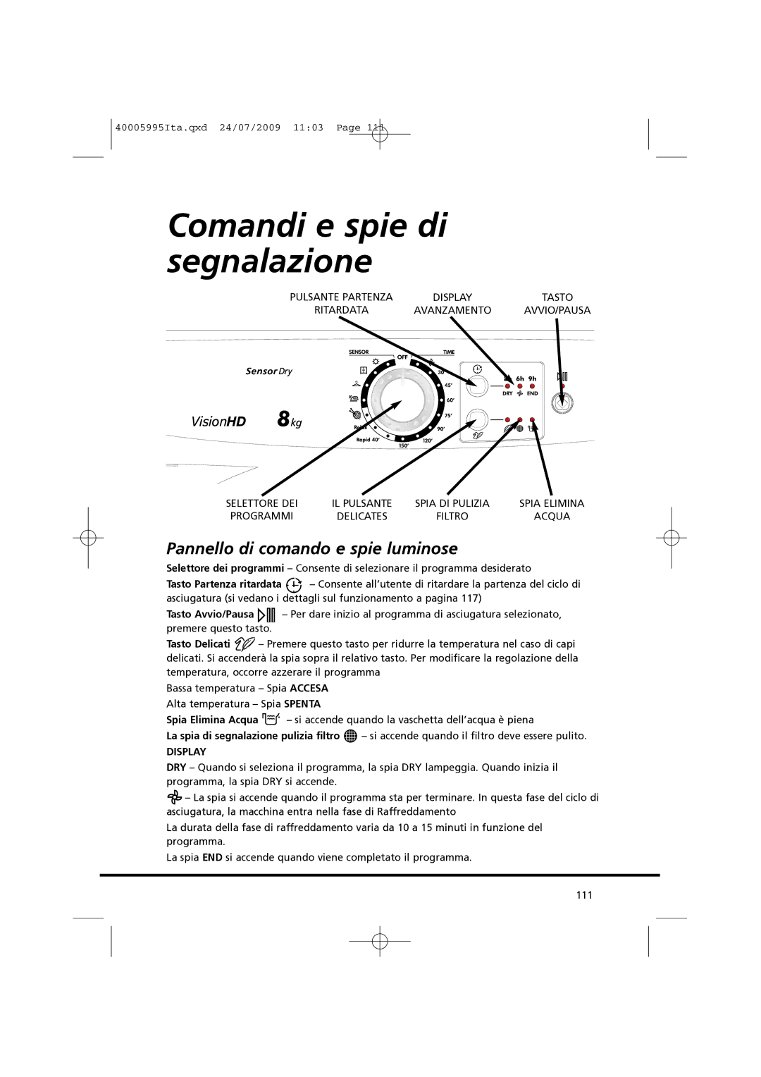 Hoover VHC 680F manual Comandi e spie di segnalazione, Pannello di comando e spie luminose 