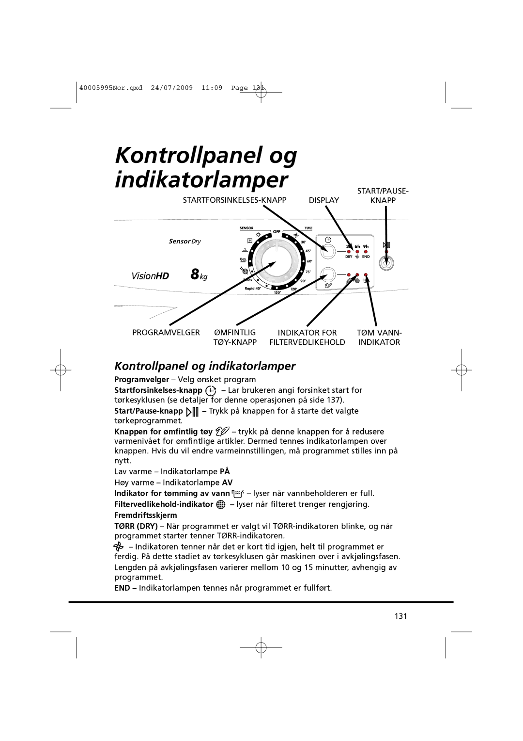 Hoover VHC 680F manual Kontrollpanel og indikatorlamper, Fremdriftsskjerm 