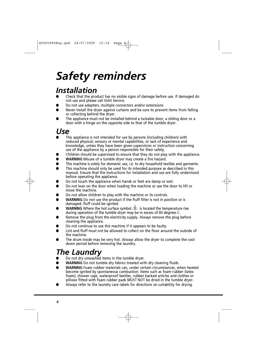 Hoover VHC 680F manual Safety reminders, Installation, Use, Laundry 