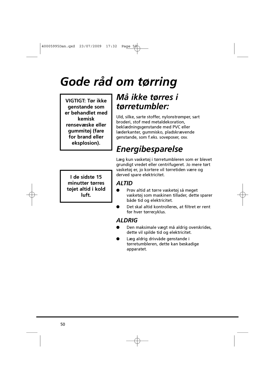 Hoover VHC 680F manual Gode råd om tørring, Må ikke tørres i tørretumbler, Energibesparelse 