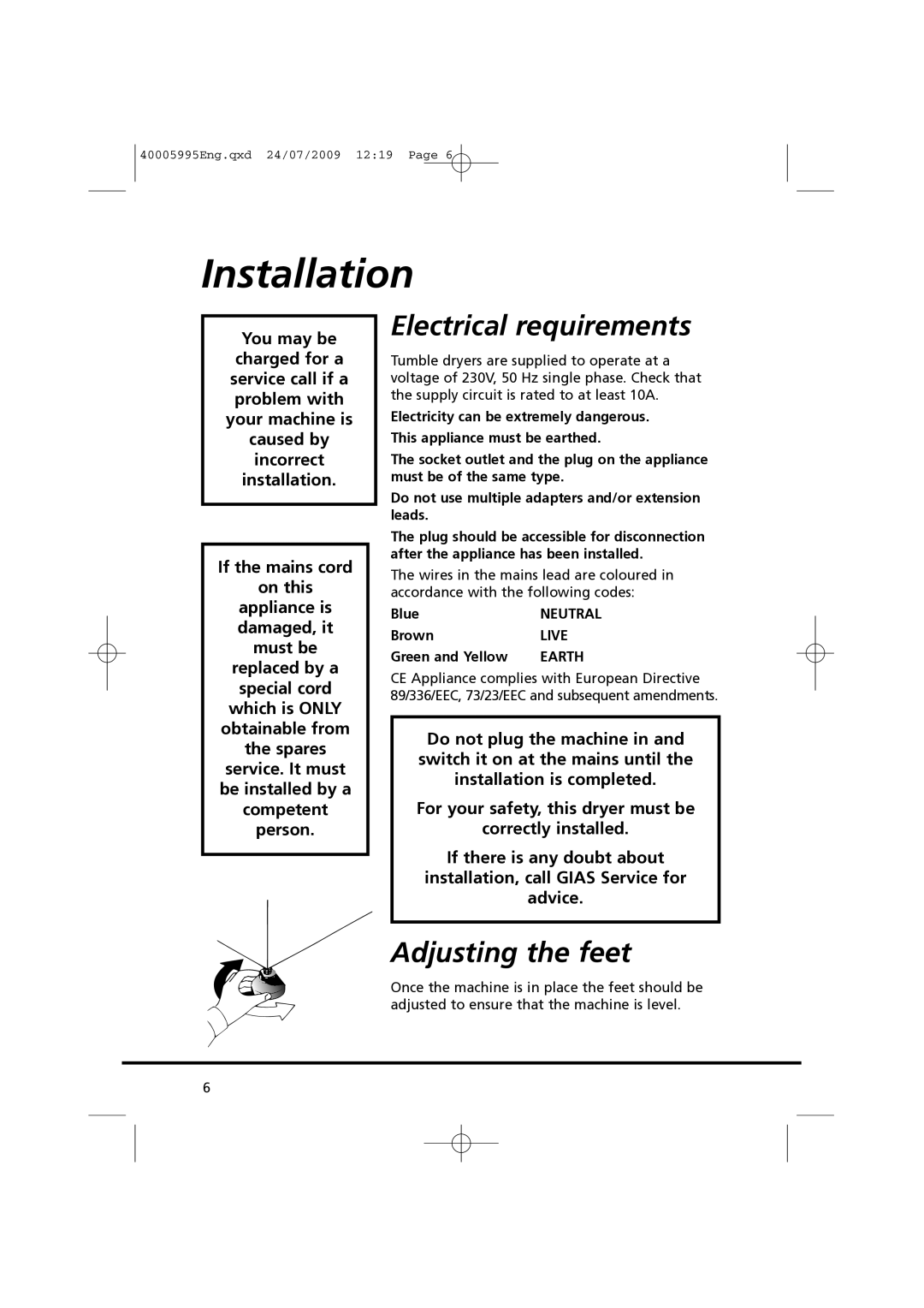 Hoover VHC 680F manual Installation, Electrical requirements, Adjusting the feet 