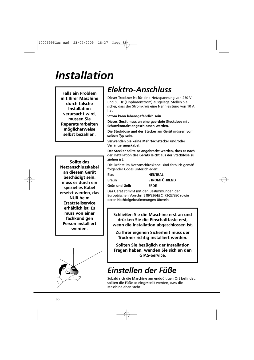 Hoover VHC 680F manual Elektro-Anschluss, Einstellen der Füße 