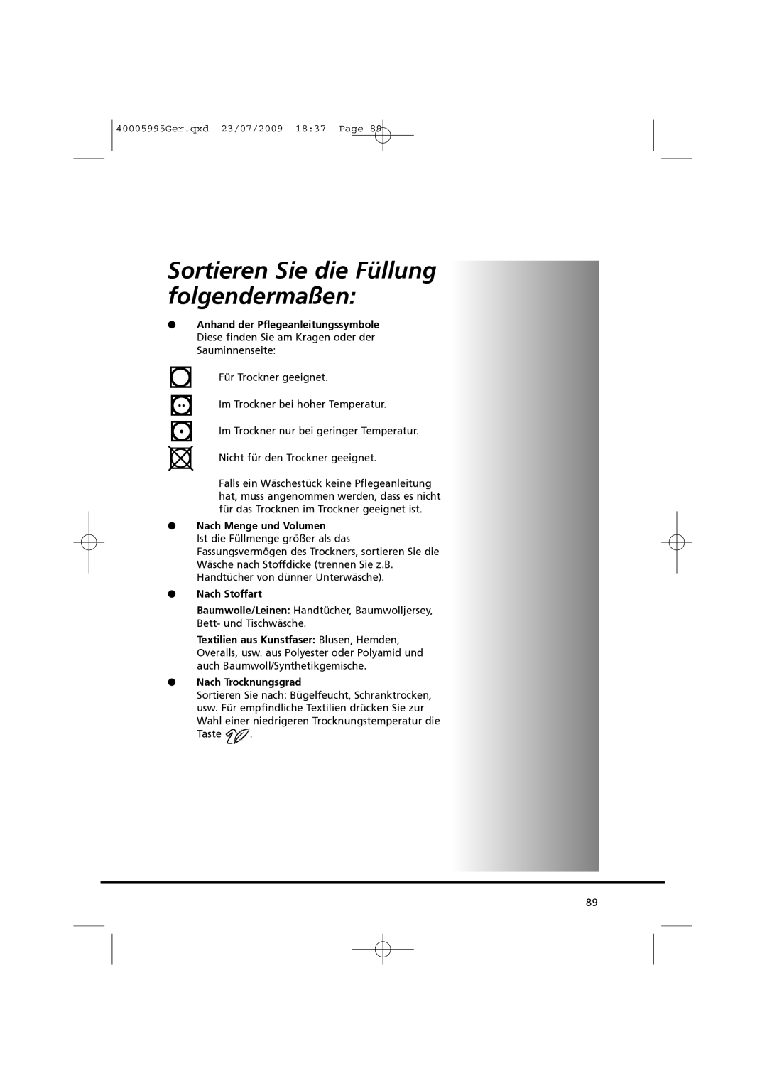 Hoover VHC 680F manual Sortieren Sie die Füllung folgendermaßen, Nach Menge und Volumen 