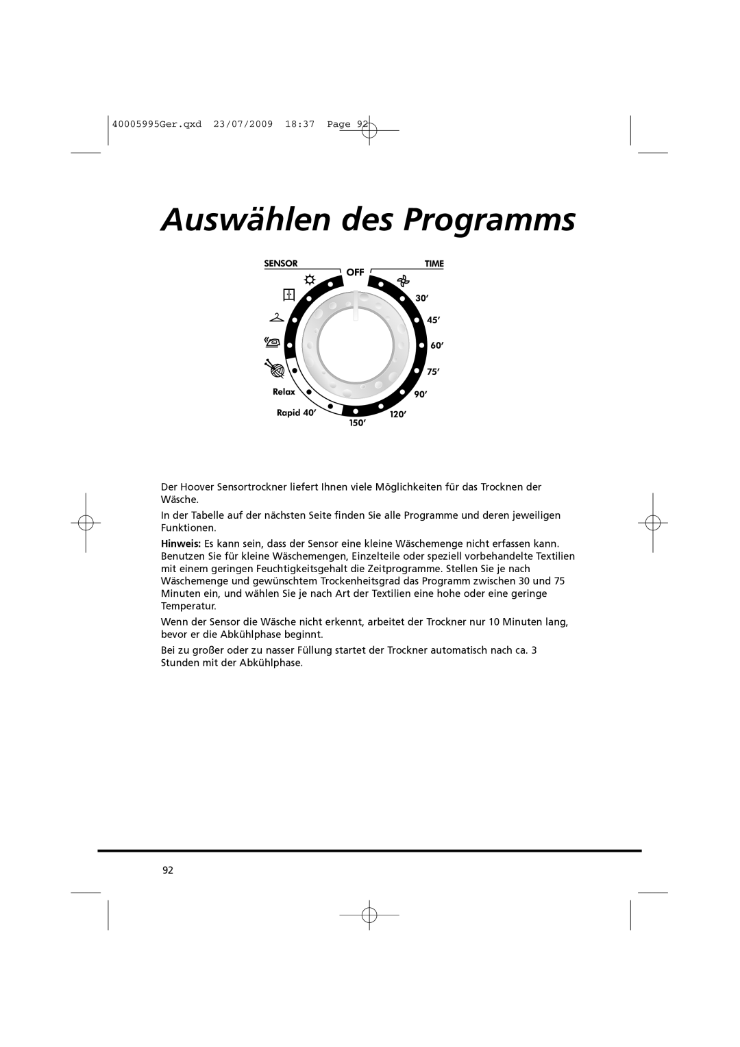 Hoover VHC 680F manual Auswählen des Programms 