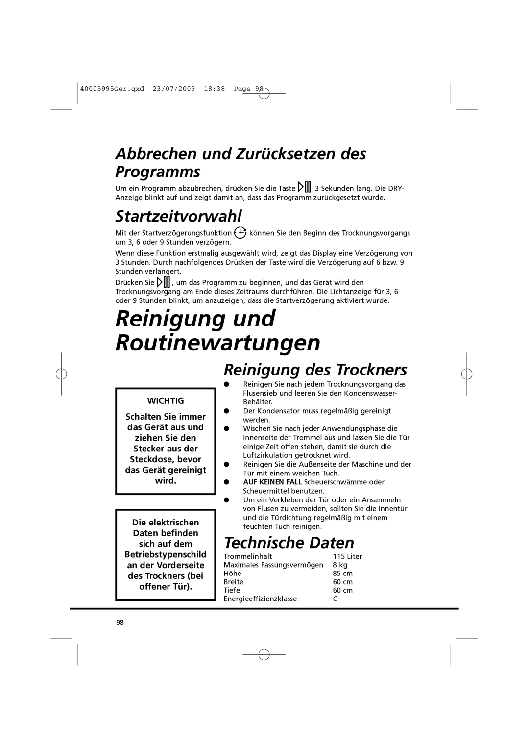 Hoover VHC 680F manual Reinigung und Routinewartungen, Abbrechen und Zurücksetzen des Programms, Startzeitvorwahl 