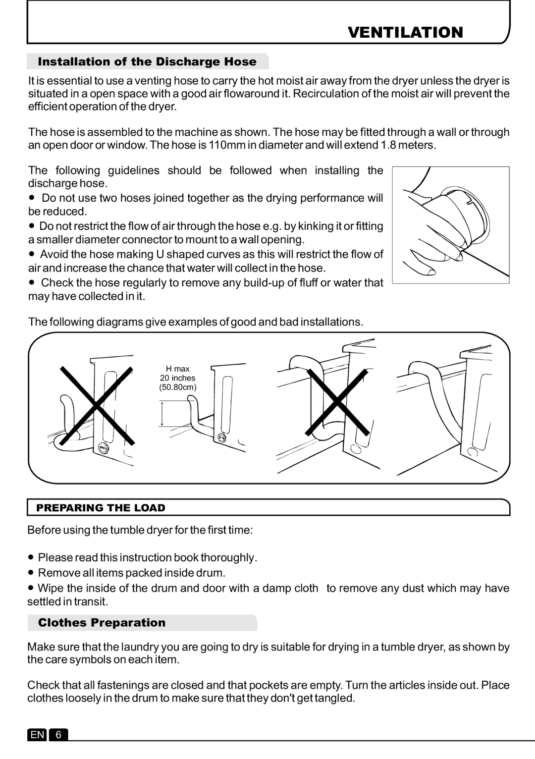 Hoover VHV 781C manual Ventilation, Installation of the Discharge Hose, Clothes Preparation 