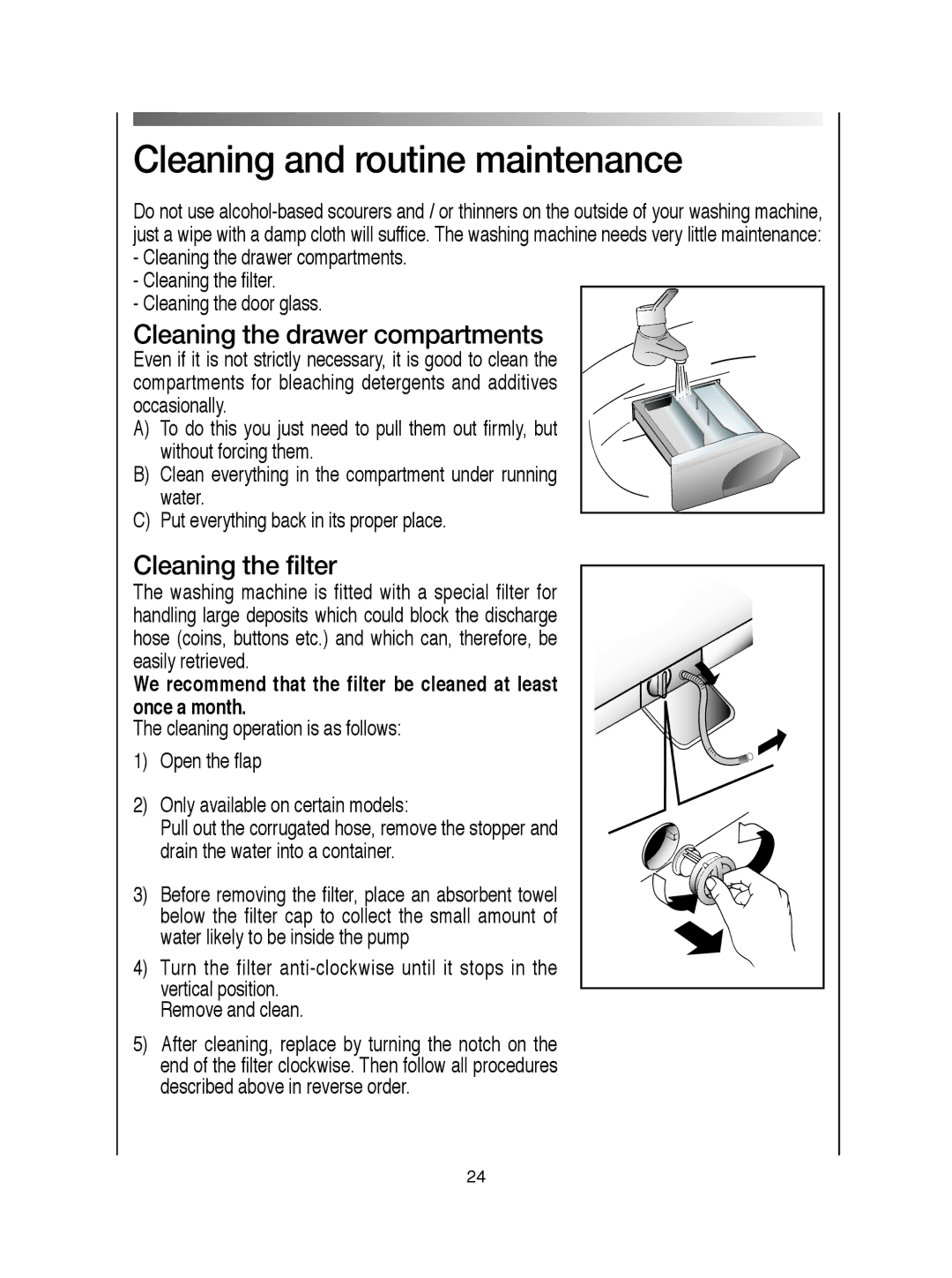 Hoover VISION HD manual Cleaning and routine maintenance, Cleaning the drawer compartments, Cleaning the filter 