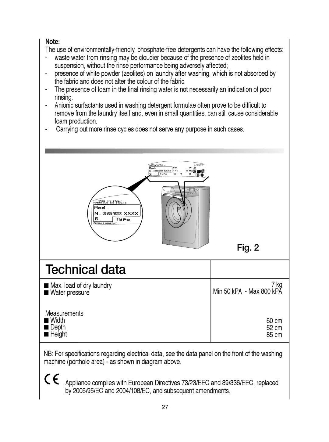 Hoover VISION HD manual Technical data 