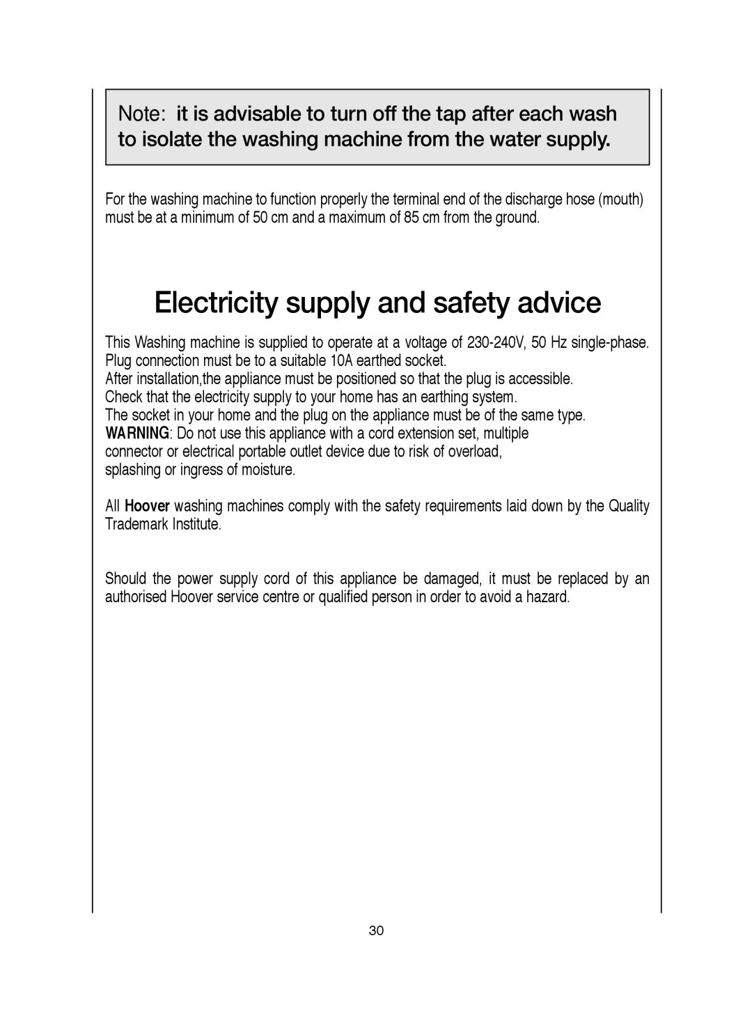 Hoover VISION HD manual Electricity supply and safety advice 