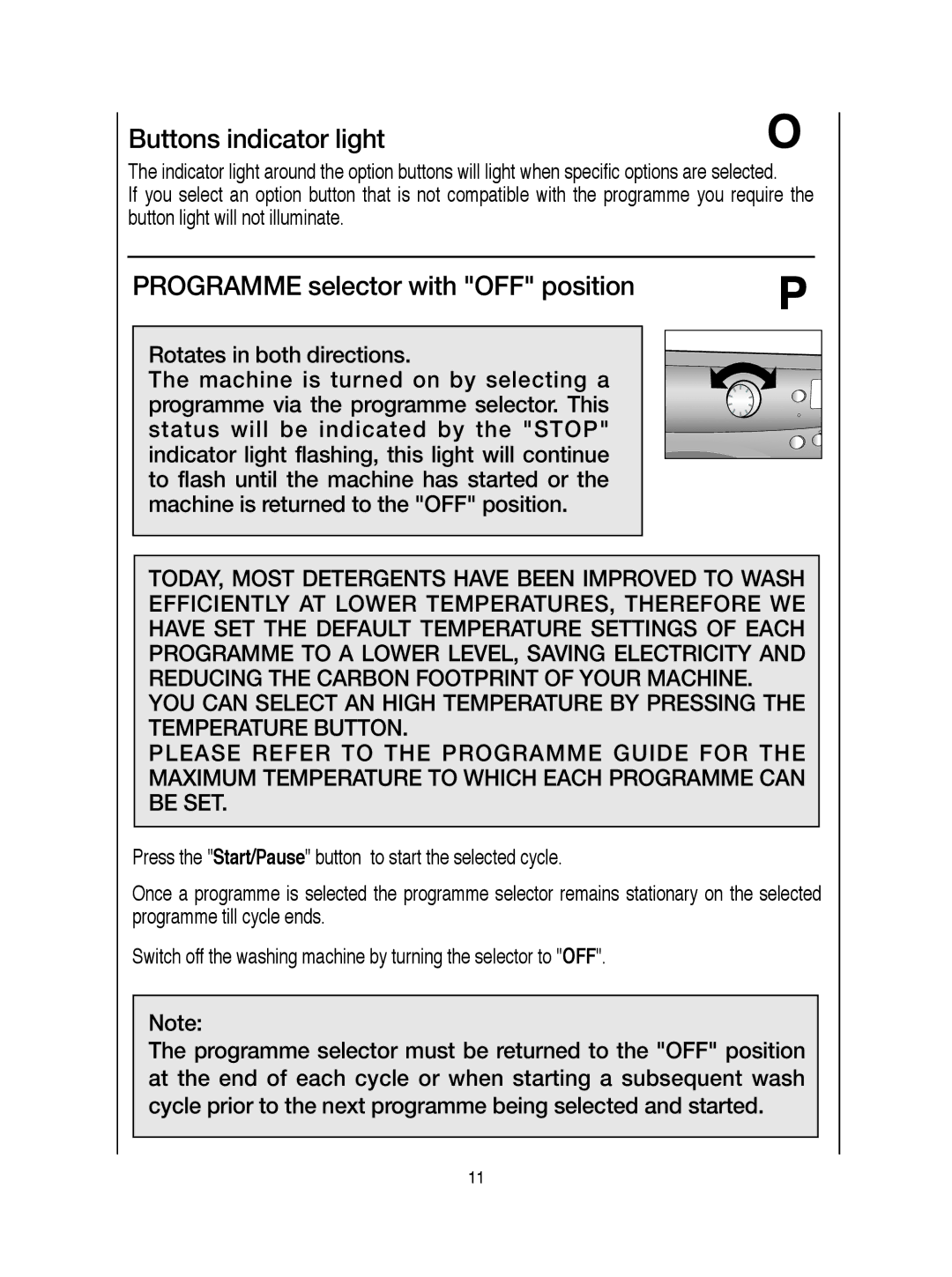 Hoover visionhd manual Buttons indicator light, Programme selector with OFF position 