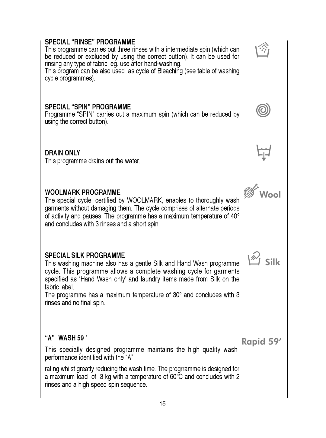 Hoover visionhd manual Special Rinse Programme, Wash 