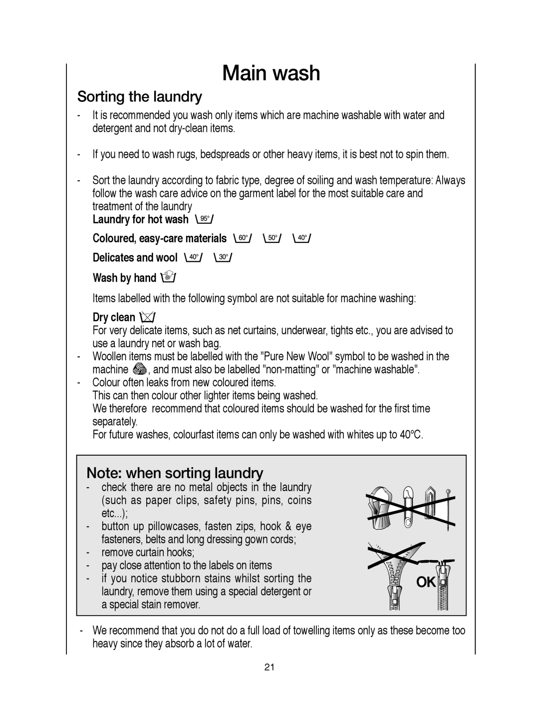 Hoover visionhd manual Main wash, Sorting the laundry, Dry clean 