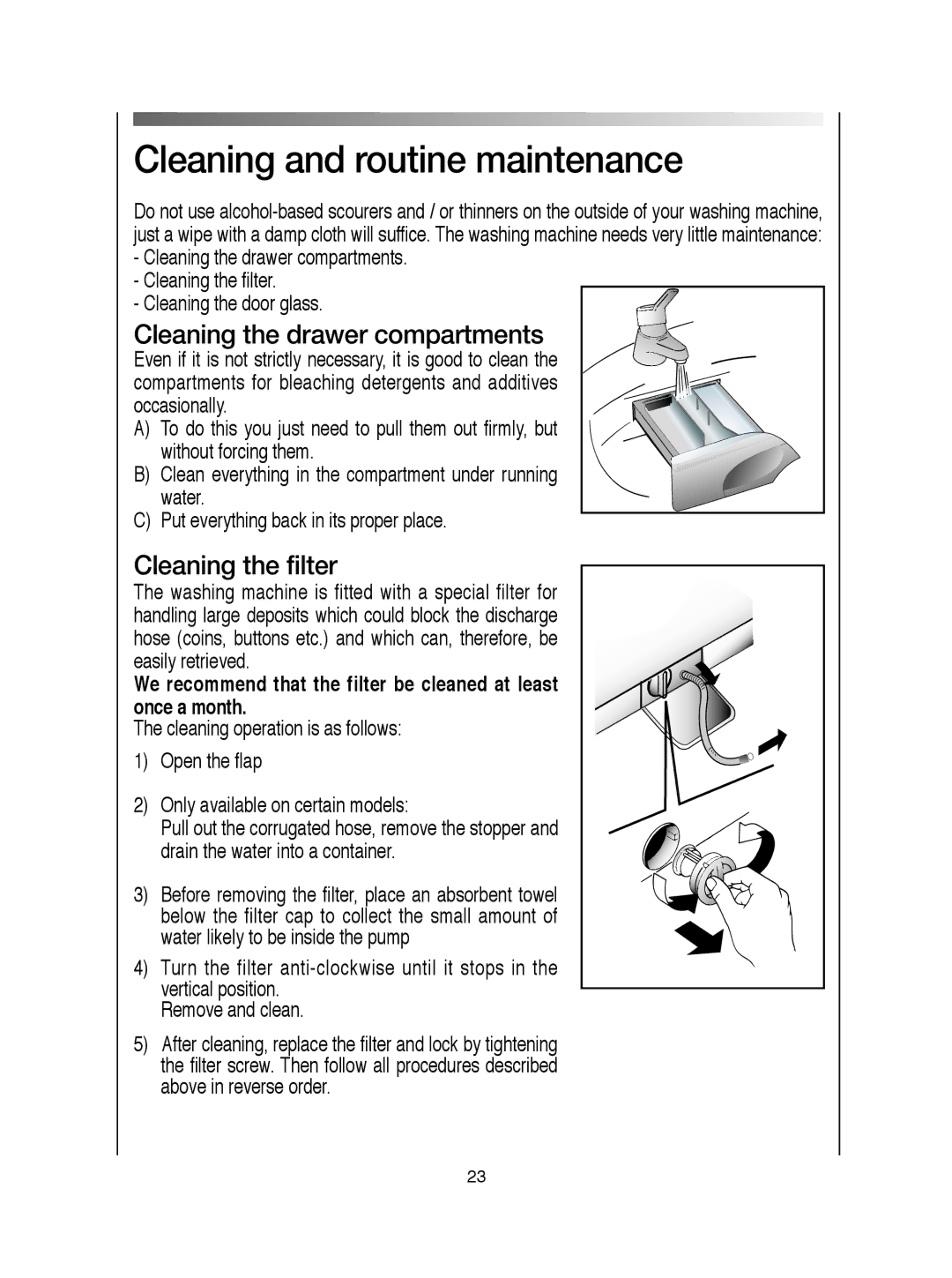 Hoover visionhd manual Cleaning and routine maintenance, Cleaning the drawer compartments, Cleaning the filter 