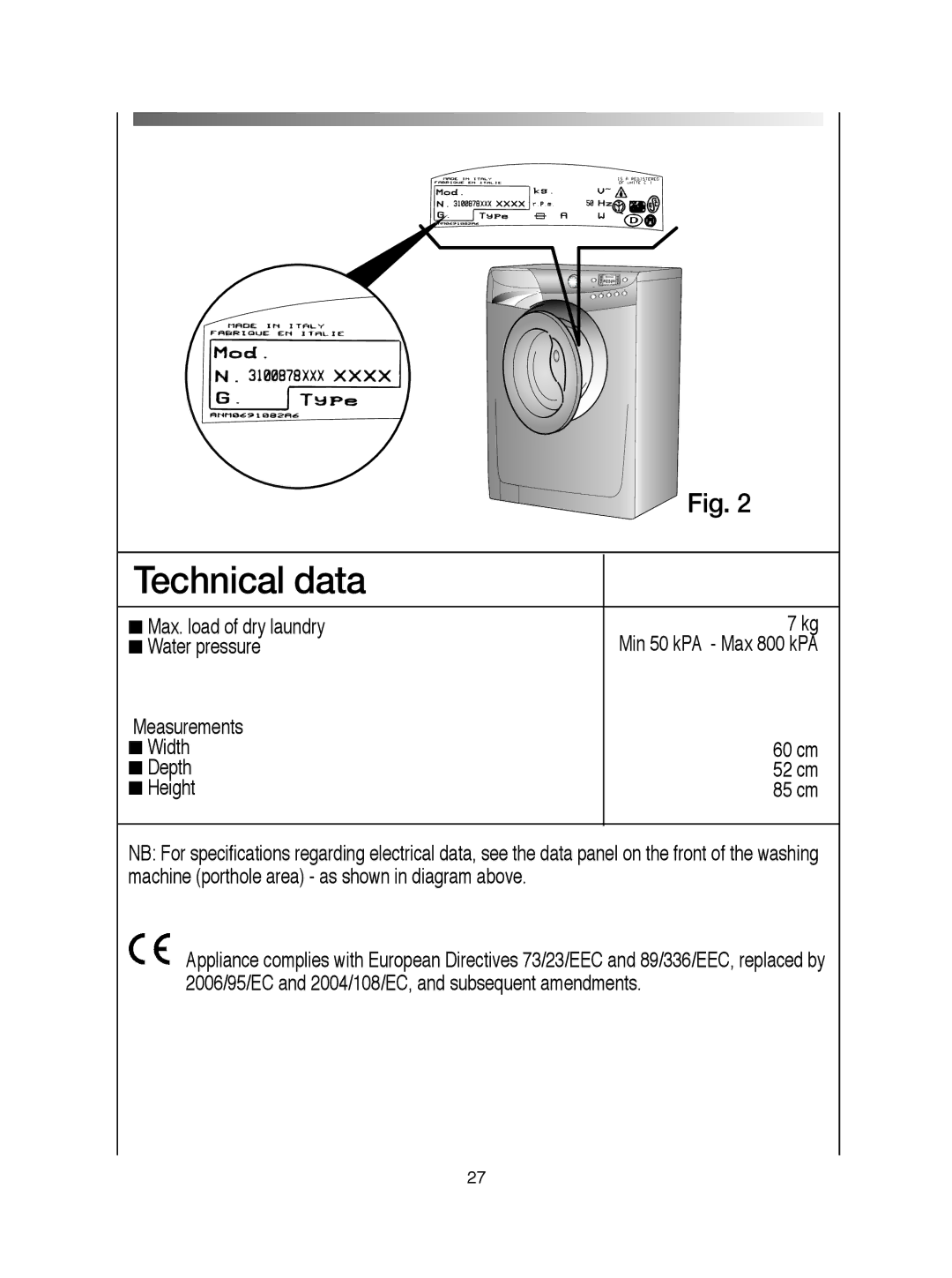 Hoover visionhd manual Technical data 