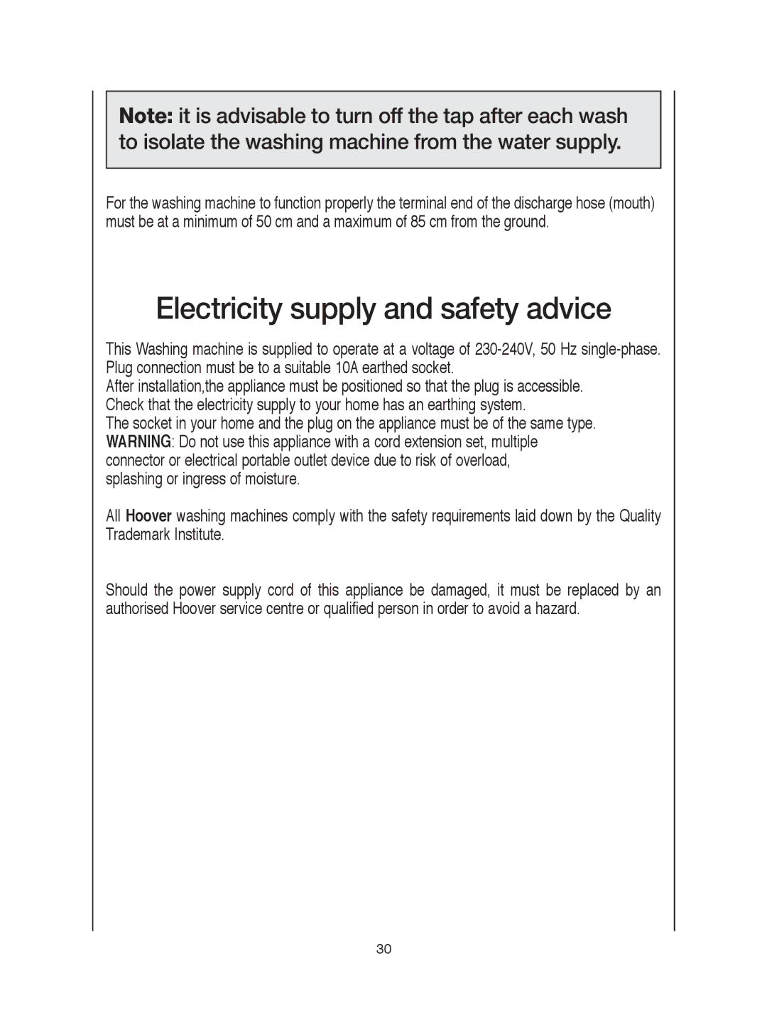 Hoover visionhd manual Electricity supply and safety advice 