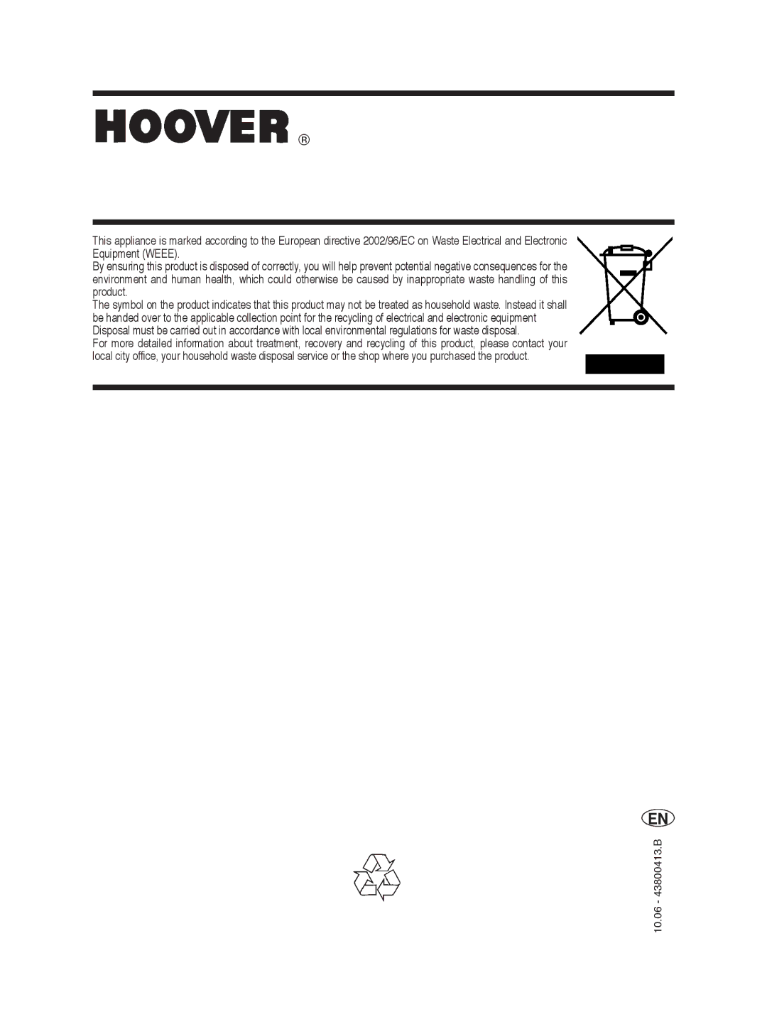 Hoover visionhd manual 10.06 43800413.B 