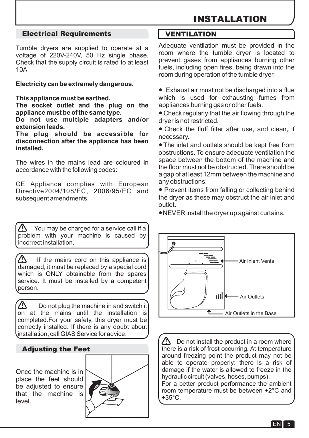 Hoover condenser tumble dryer, VTC 680C manual Installation, Electrical Requirements, Ventilation, Adjusting the Feet 