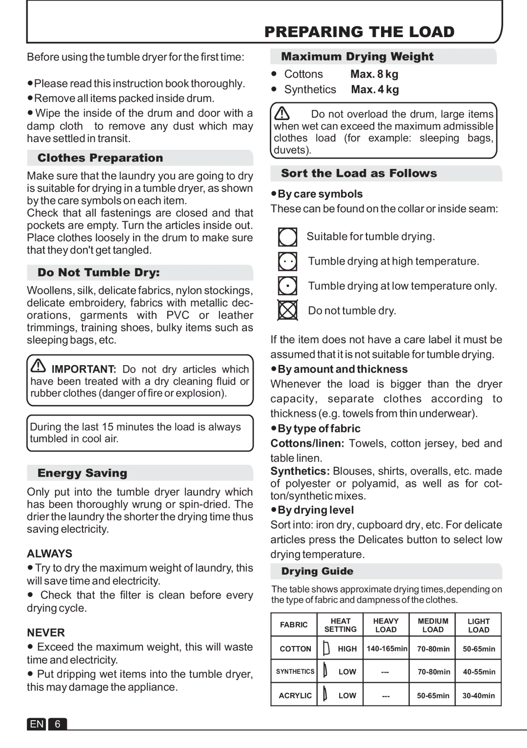 Hoover VTC 680C, condenser tumble dryer manual Preparing the Load, Always, Never 