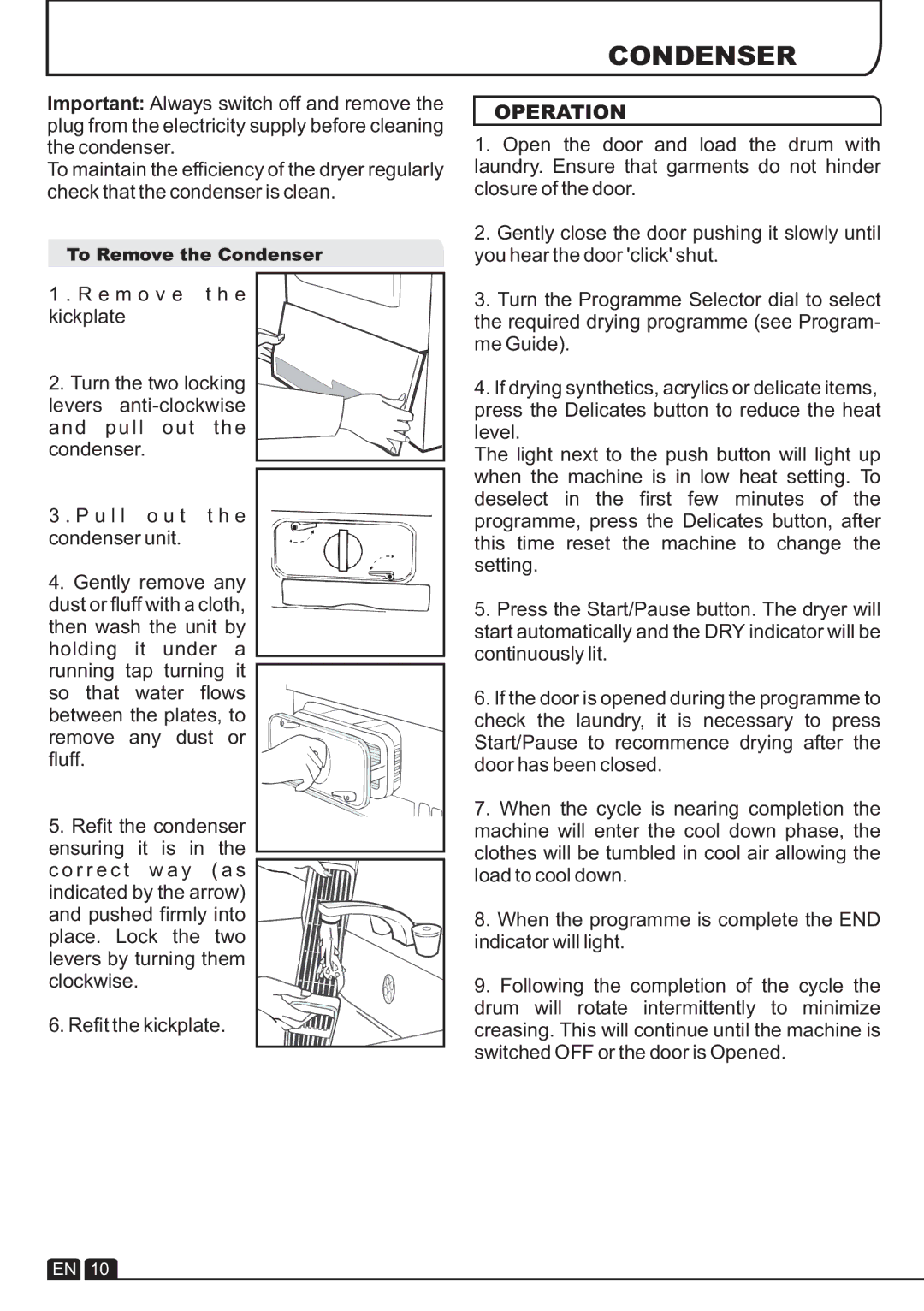 Hoover VTC 680C manual Operation, To Remove the Condenser 