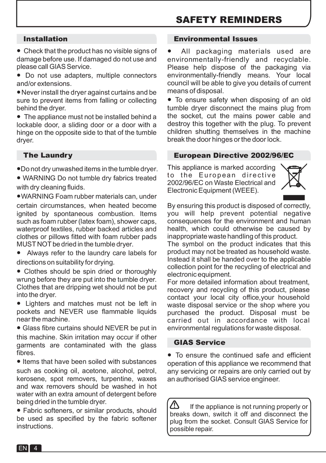 Hoover VTC 680C Safety Reminders, Installation Environmental Issues, Laundry, European Directive 2002/96/EC, Gias Service 