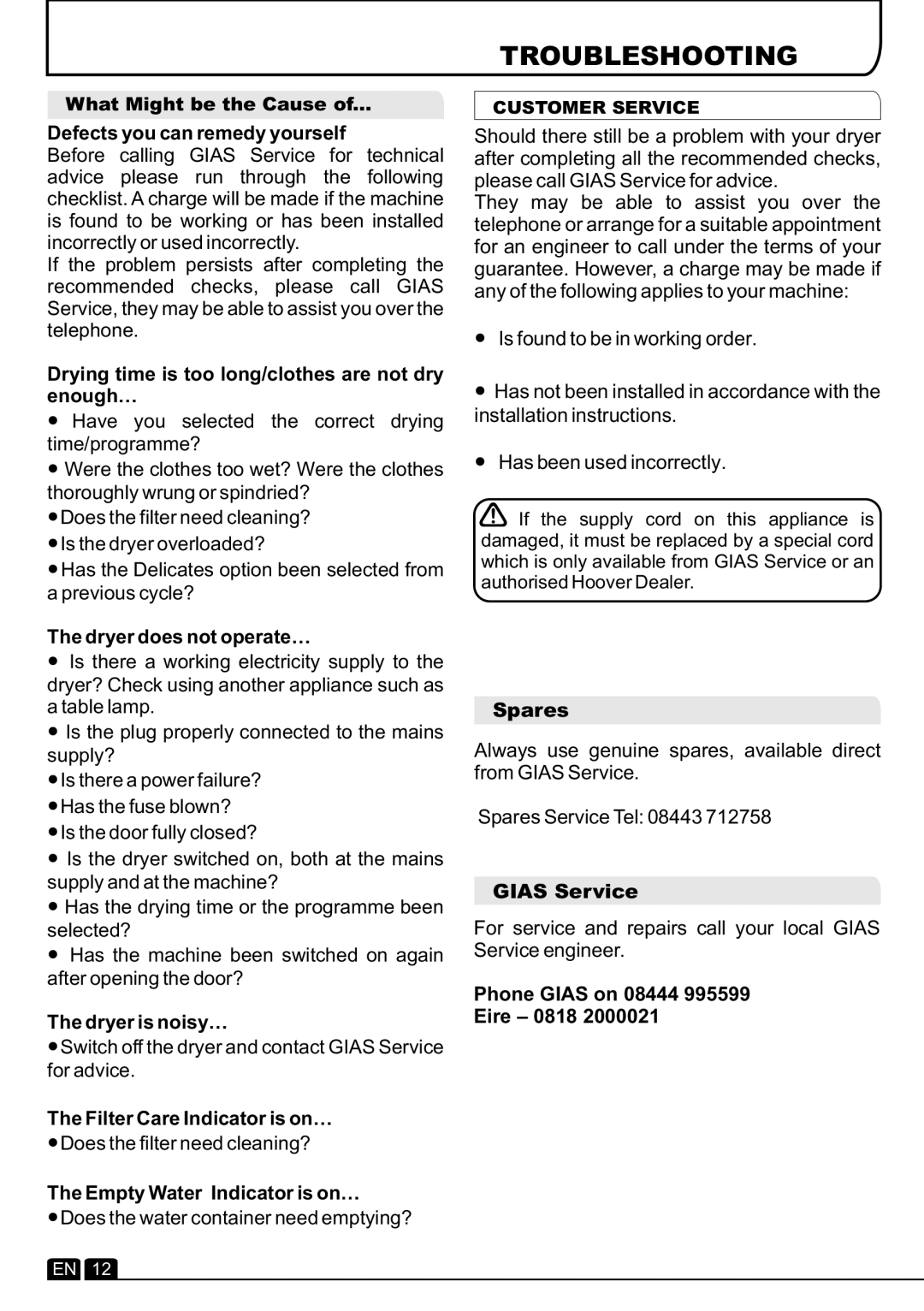 Hoover VTC 791NB manual Troubleshooting 