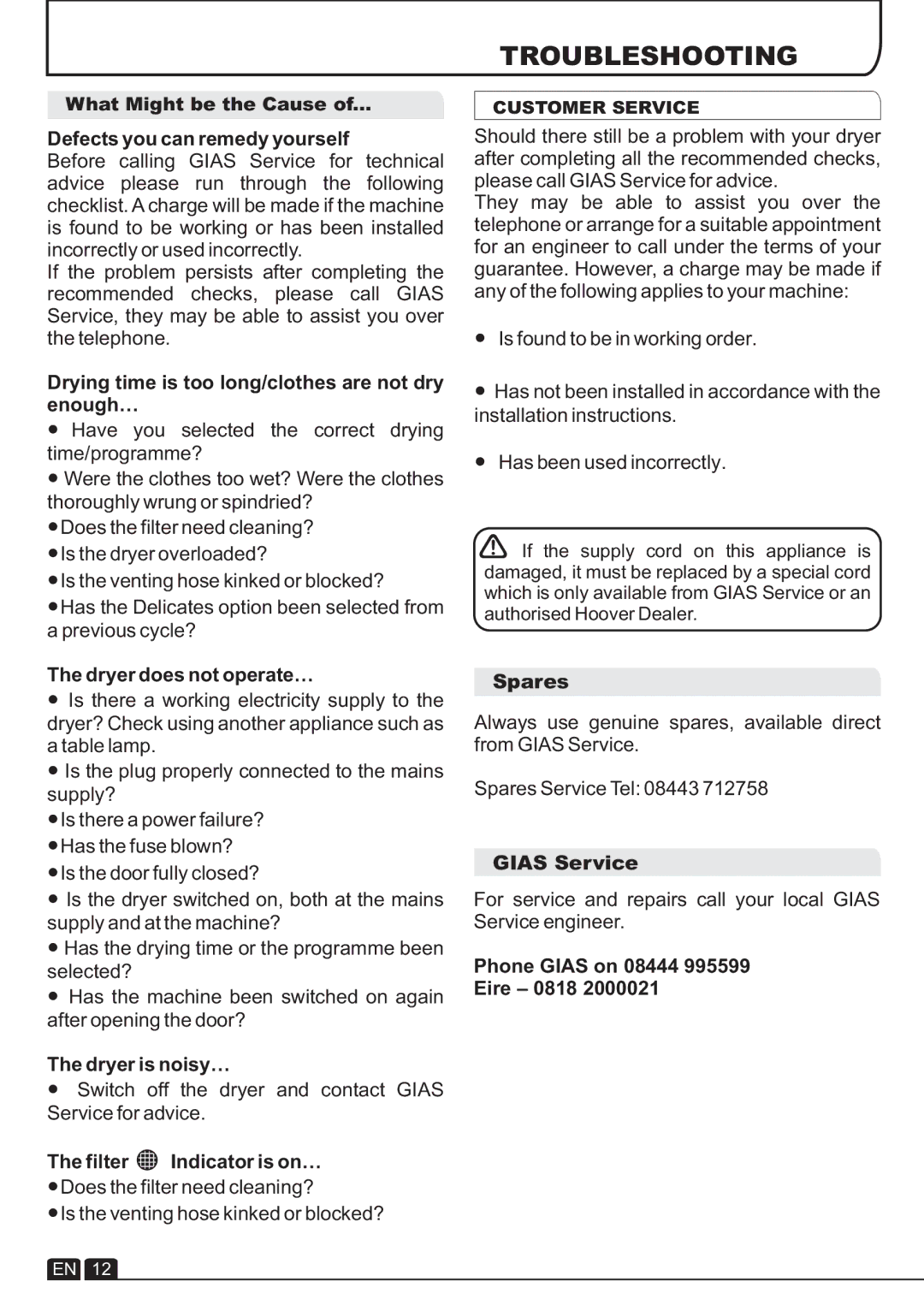 Hoover VTV 580NC manual Troubleshooting 