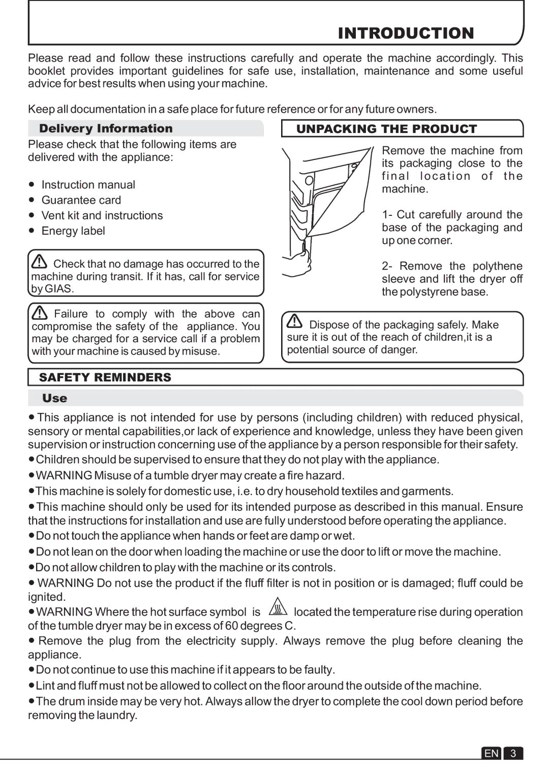 Hoover VTV 580NC manual Introduction, Delivery Information, Unpacking the Product, Safety Reminders, Use 