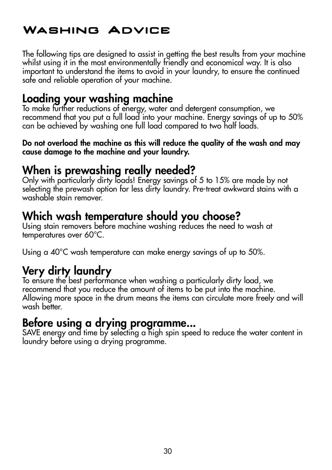 Hoover WDYN D8P manual Washing Advice 