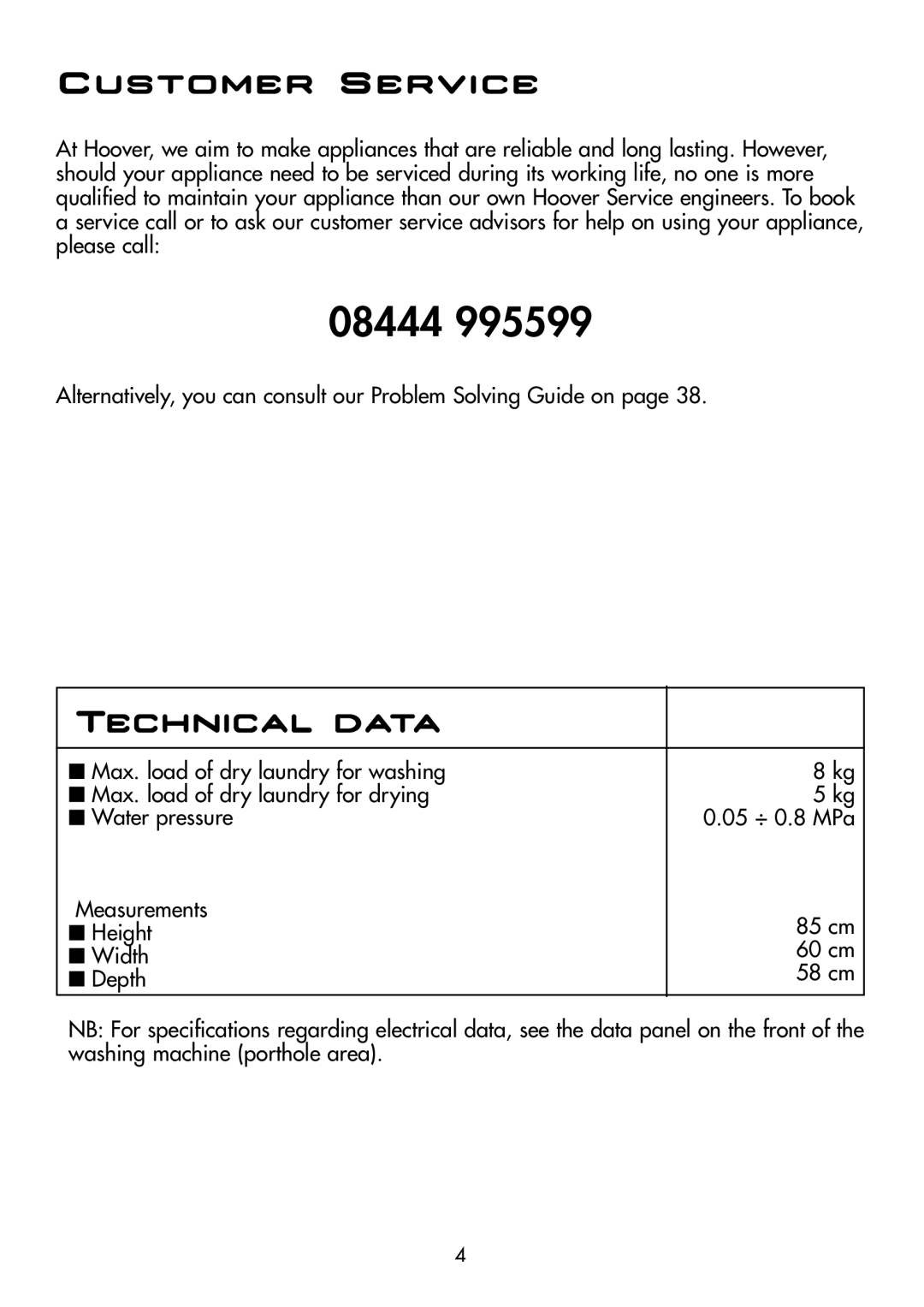 Hoover WDYN D8P manual Customer Service, Technical data 