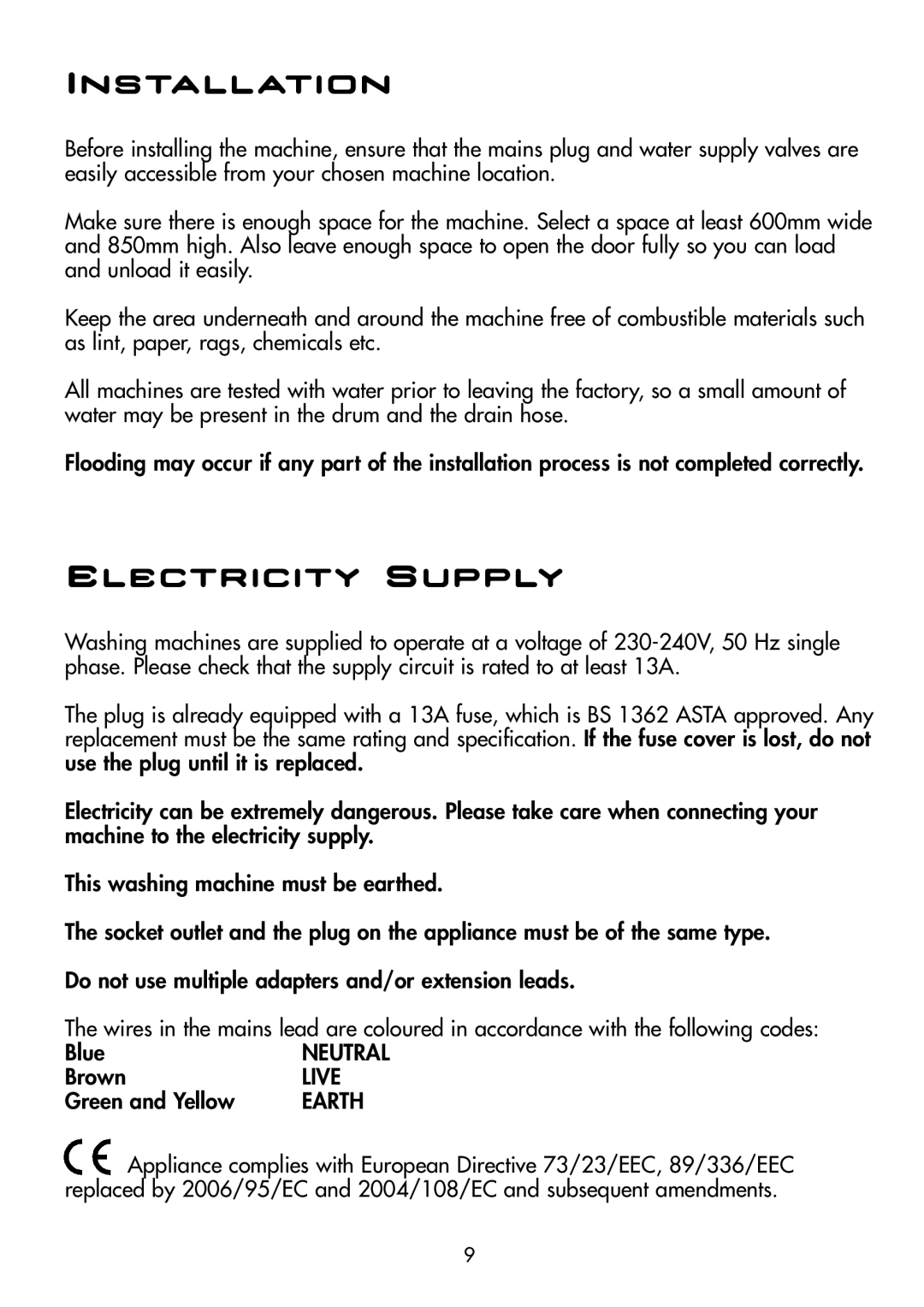 Hoover WDYN D8P manual Installation, Electricity Supply 