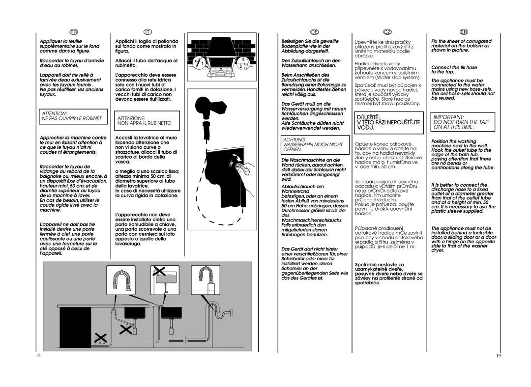 Hoover WDYN PG DÅL E Ïité, Do not Turn the TAP on AT this Time, NE PAS Ouvrir LE Robinet, Attenzione NON Apra IL Rubinetto 