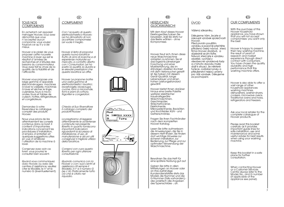 Hoover WDYN PG manual Tous NOS Compliments, Complimenti, Herzlichen Glückwunsch, Úvod, OUR Compliments 